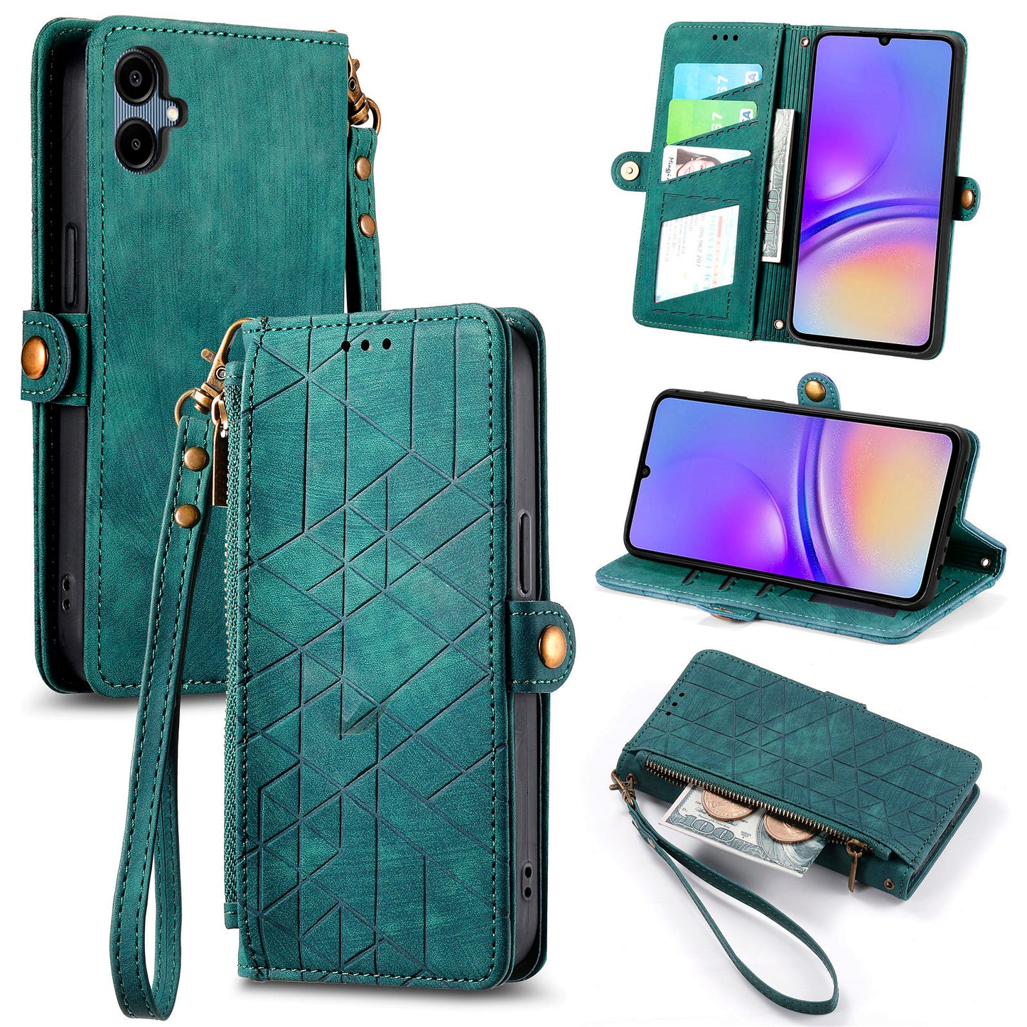 For Samsung Galaxy A06 Case Zipper Wallet Geometry Lines Leather Phone Cover - Green