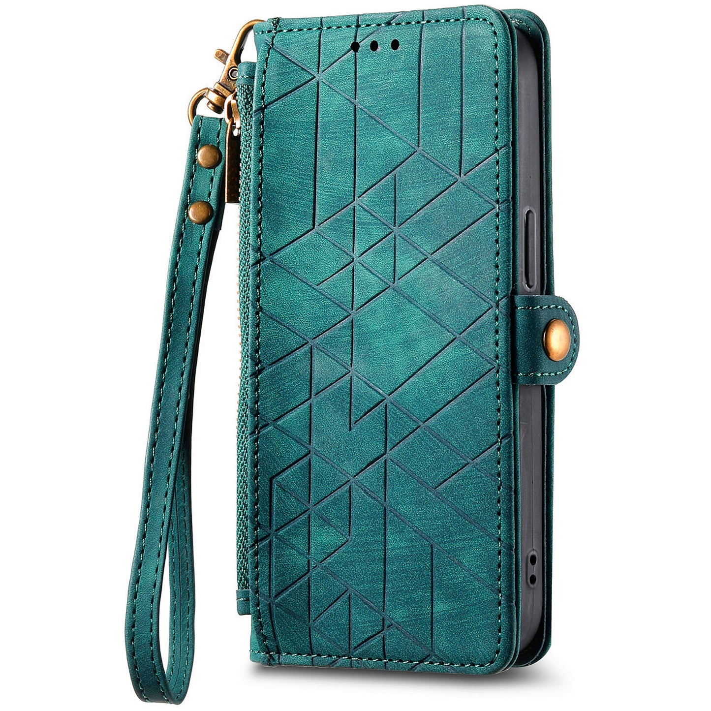 For Samsung Galaxy A06 Case Zipper Wallet Geometry Lines Leather Phone Cover - Green