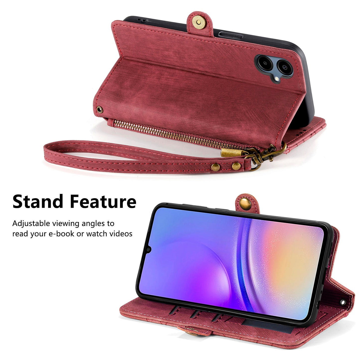 For Samsung Galaxy A06 Case Zipper Wallet Geometry Lines Leather Phone Cover - Red