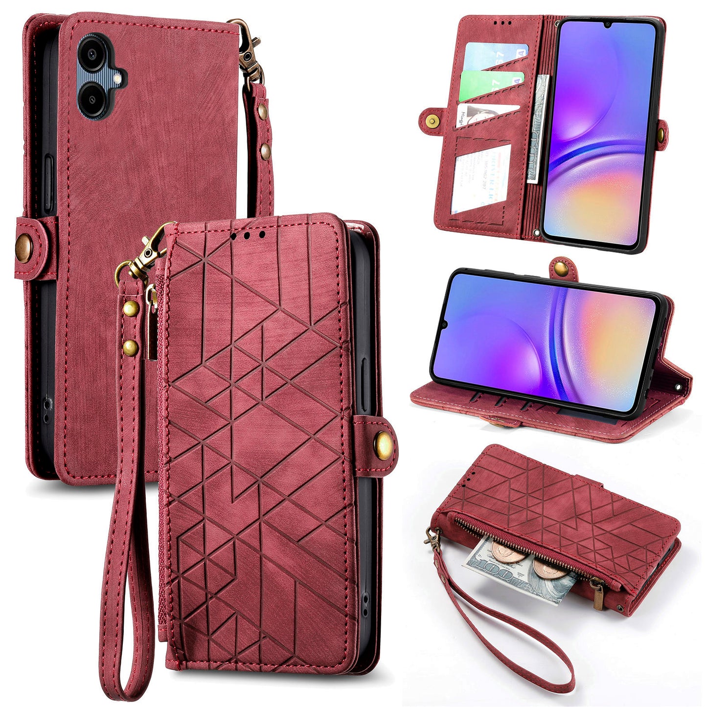 For Samsung Galaxy A06 Case Zipper Wallet Geometry Lines Leather Phone Cover - Red