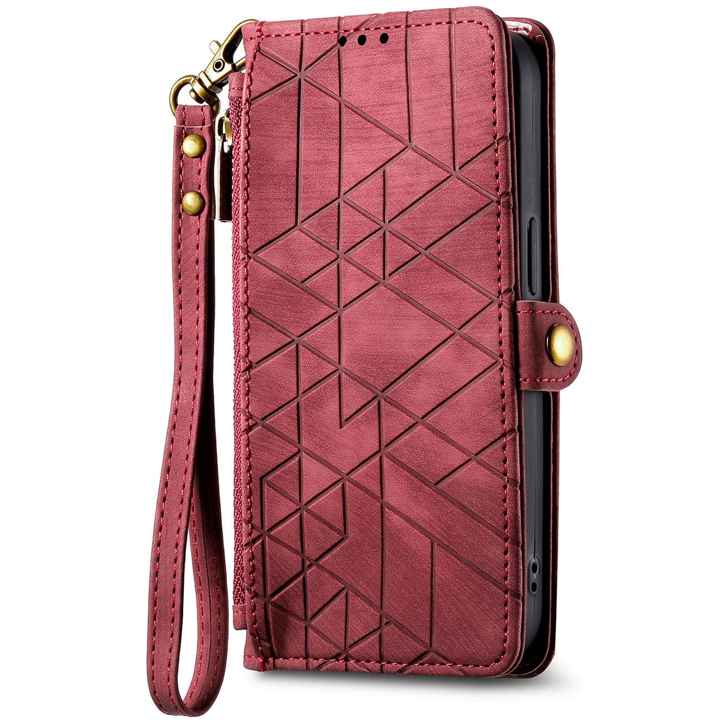 For Samsung Galaxy A06 Case Zipper Wallet Geometry Lines Leather Phone Cover - Red