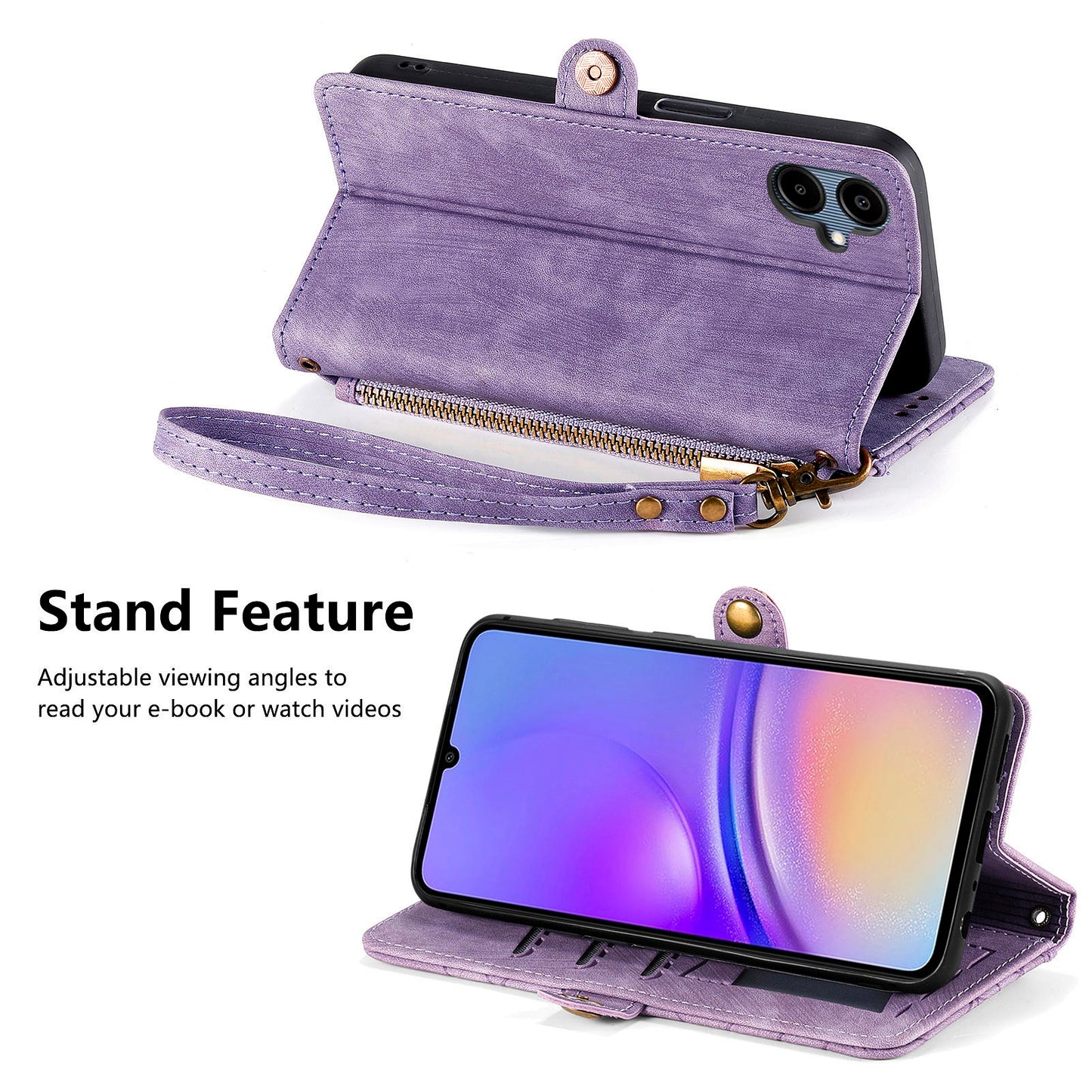 For Samsung Galaxy A06 Case Zipper Wallet Geometry Lines Leather Phone Cover - Light Purple