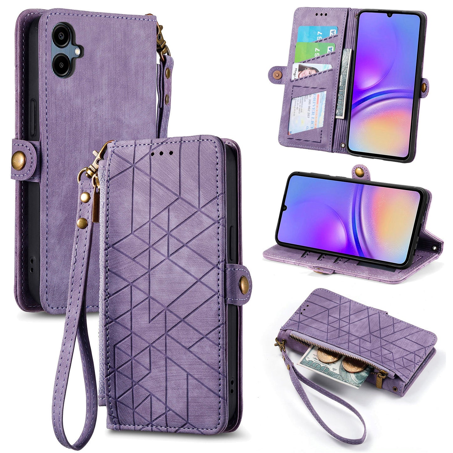 For Samsung Galaxy A06 Case Zipper Wallet Geometry Lines Leather Phone Cover - Light Purple