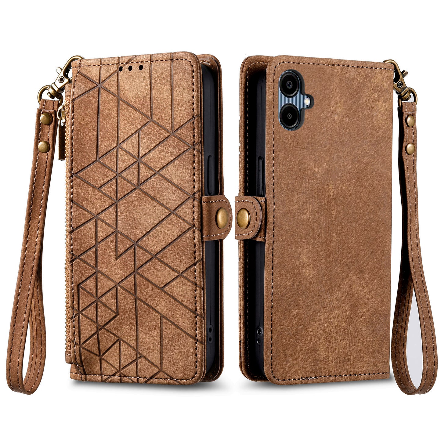 For Samsung Galaxy A06 Case Zipper Wallet Geometry Lines Leather Phone Cover - Brown