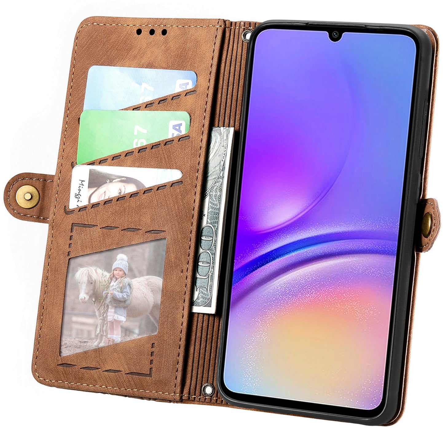 For Samsung Galaxy A06 Case Zipper Wallet Geometry Lines Leather Phone Cover - Brown