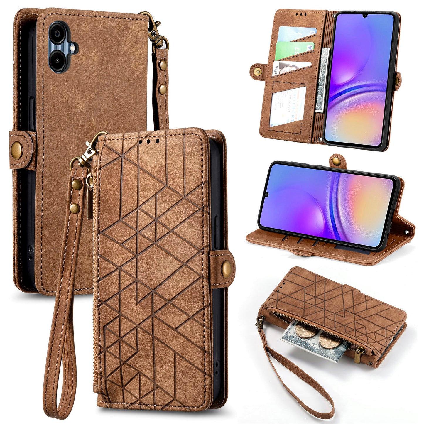 For Samsung Galaxy A06 Case Zipper Wallet Geometry Lines Leather Phone Cover - Brown