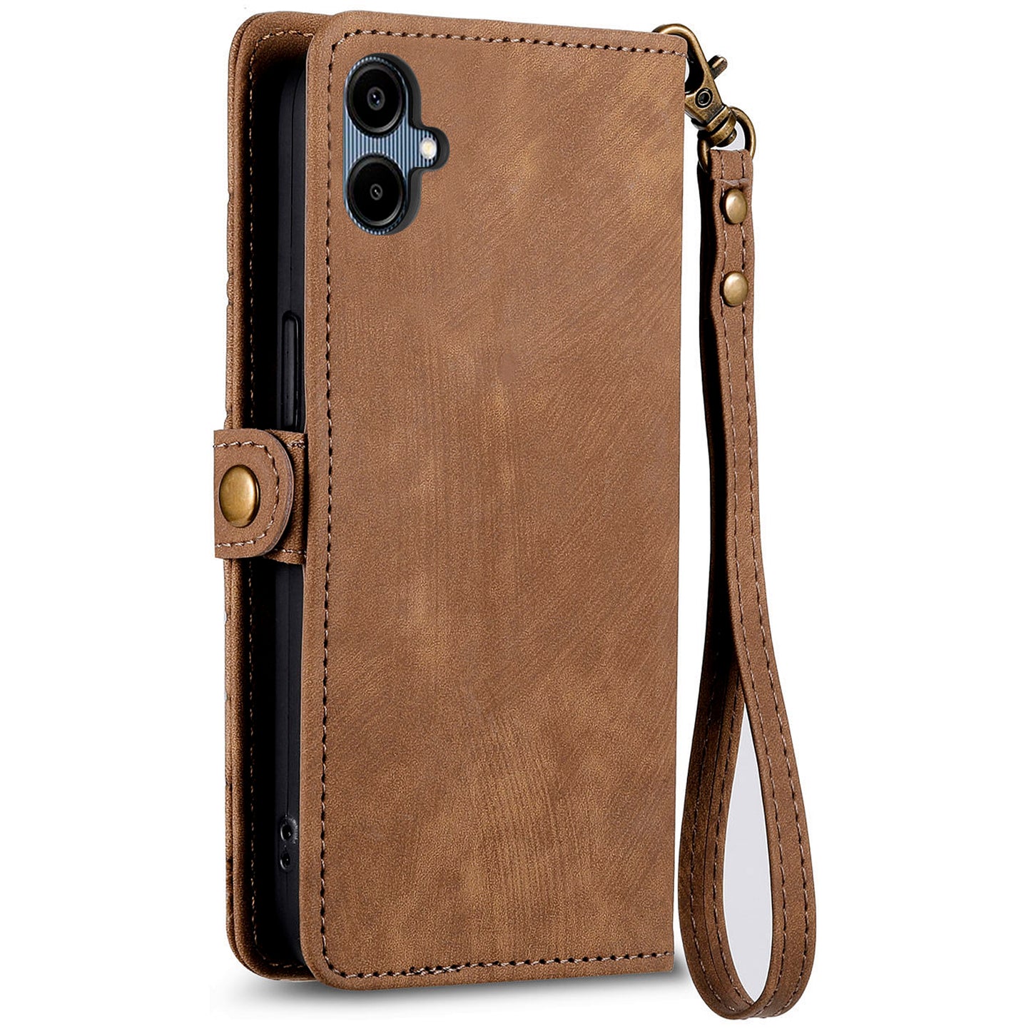 For Samsung Galaxy A06 Case Zipper Wallet Geometry Lines Leather Phone Cover - Brown