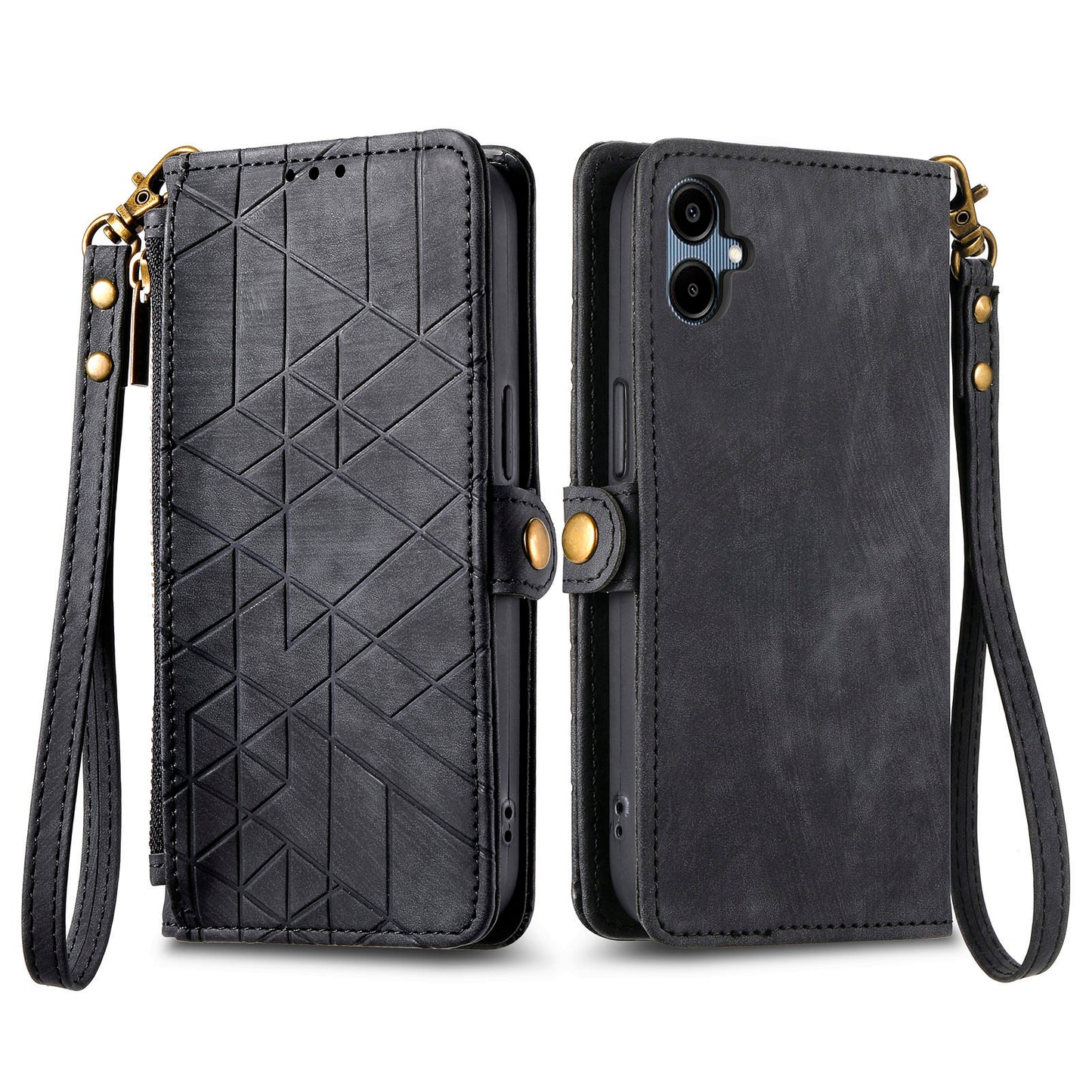 For Samsung Galaxy A06 Case Zipper Wallet Geometry Lines Leather Phone Cover - Black