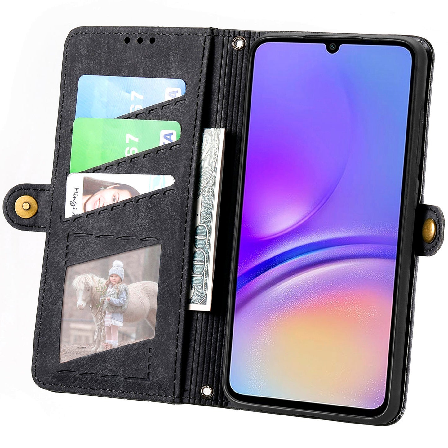 For Samsung Galaxy A06 Case Zipper Wallet Geometry Lines Leather Phone Cover - Black
