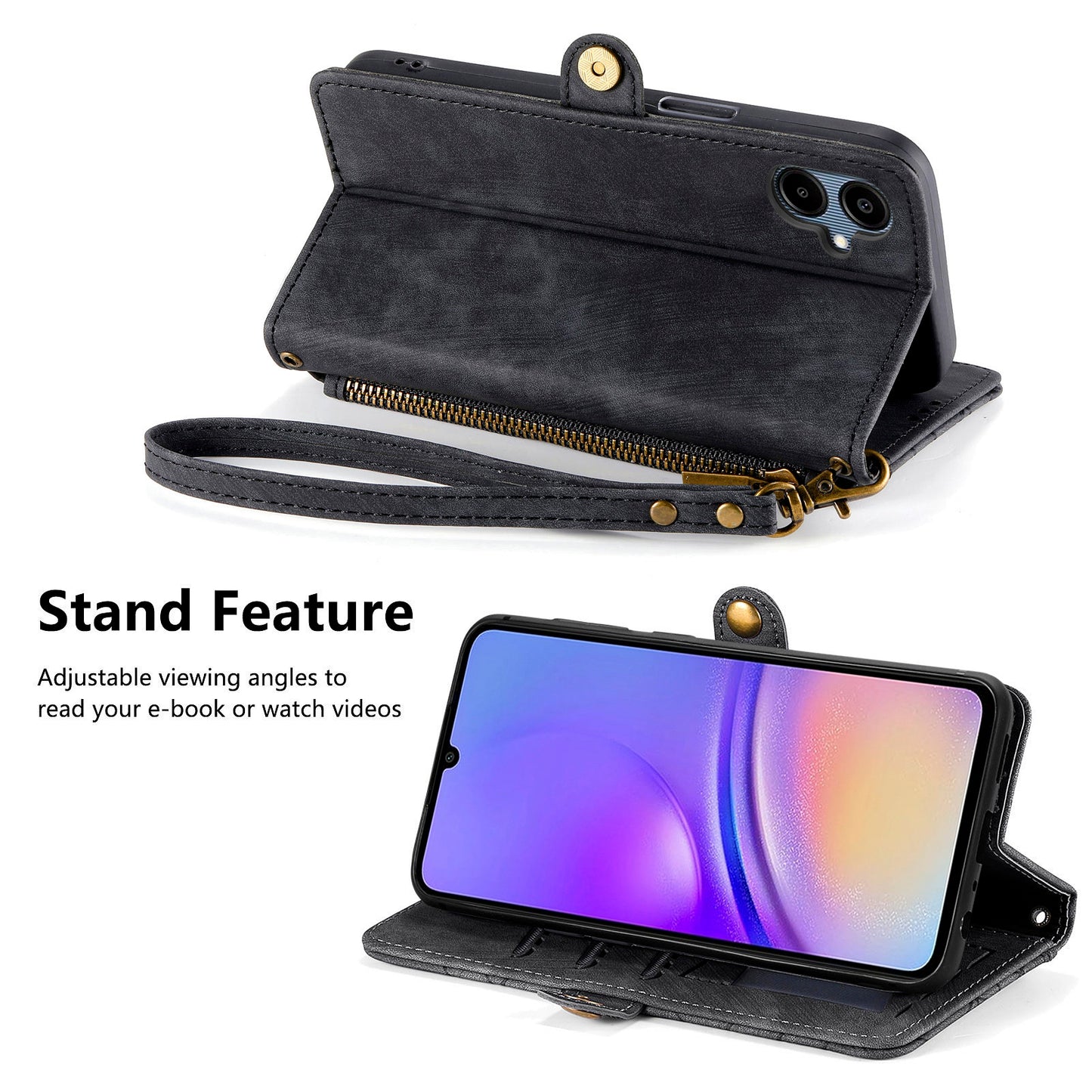 For Samsung Galaxy A06 Case Zipper Wallet Geometry Lines Leather Phone Cover - Black