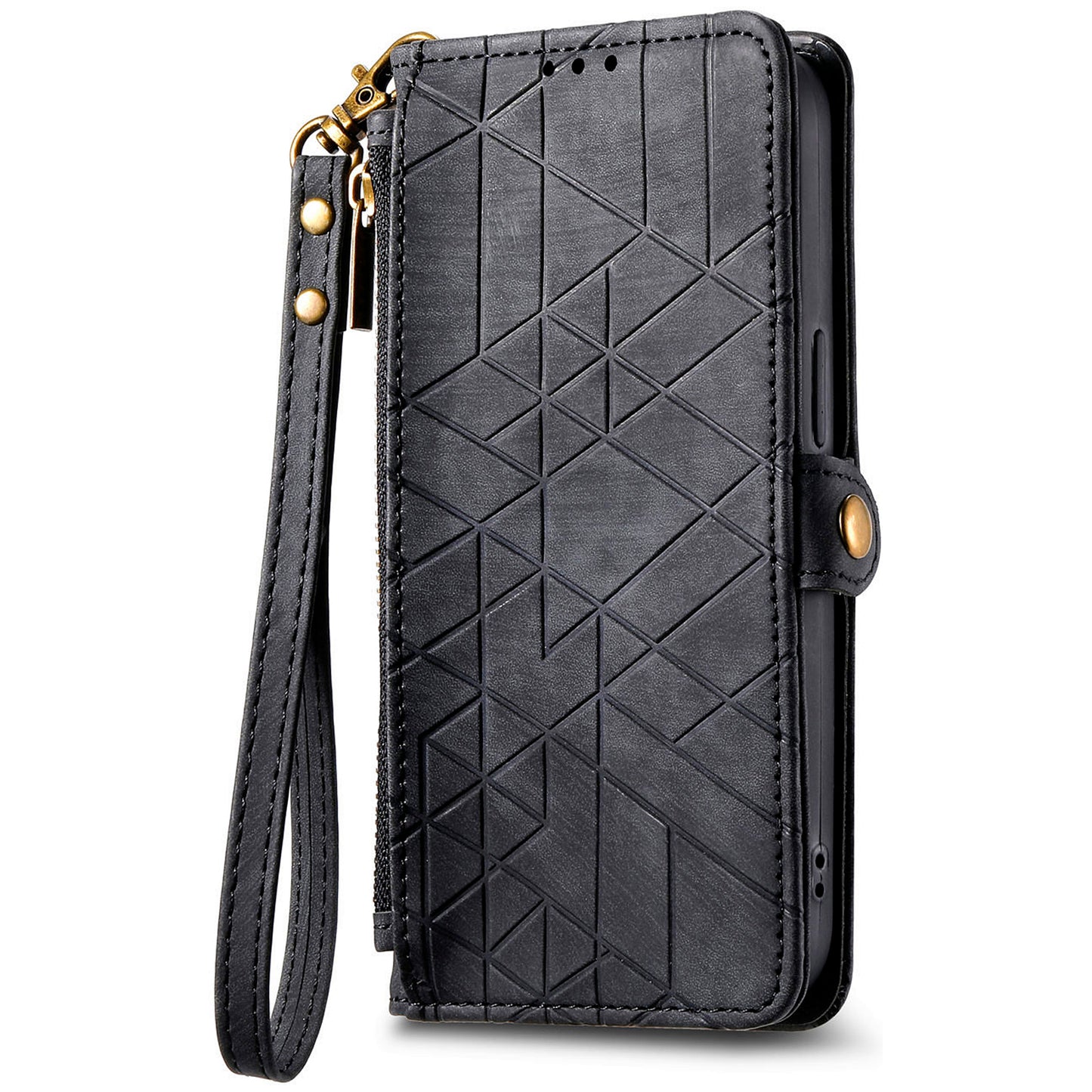 For Samsung Galaxy A06 Case Zipper Wallet Geometry Lines Leather Phone Cover - Black