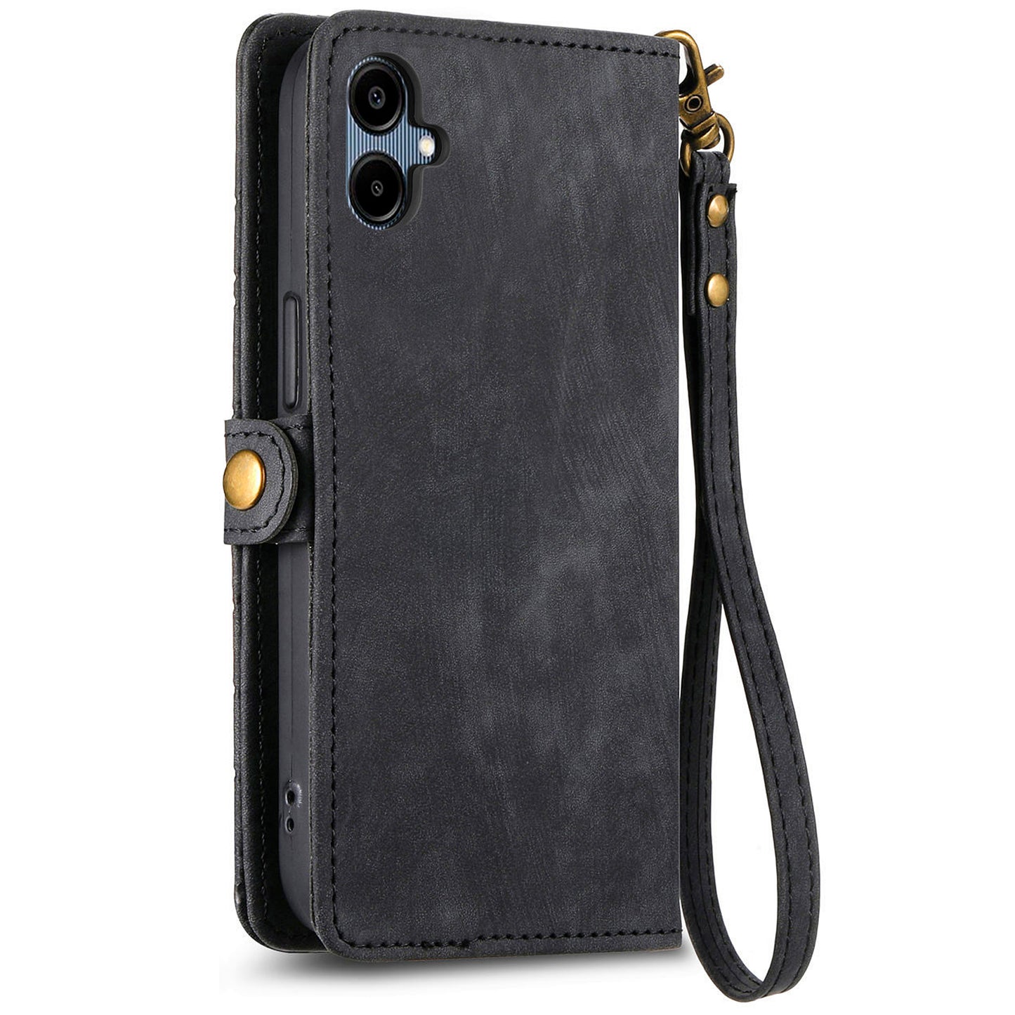 For Samsung Galaxy A06 Case Zipper Wallet Geometry Lines Leather Phone Cover - Black