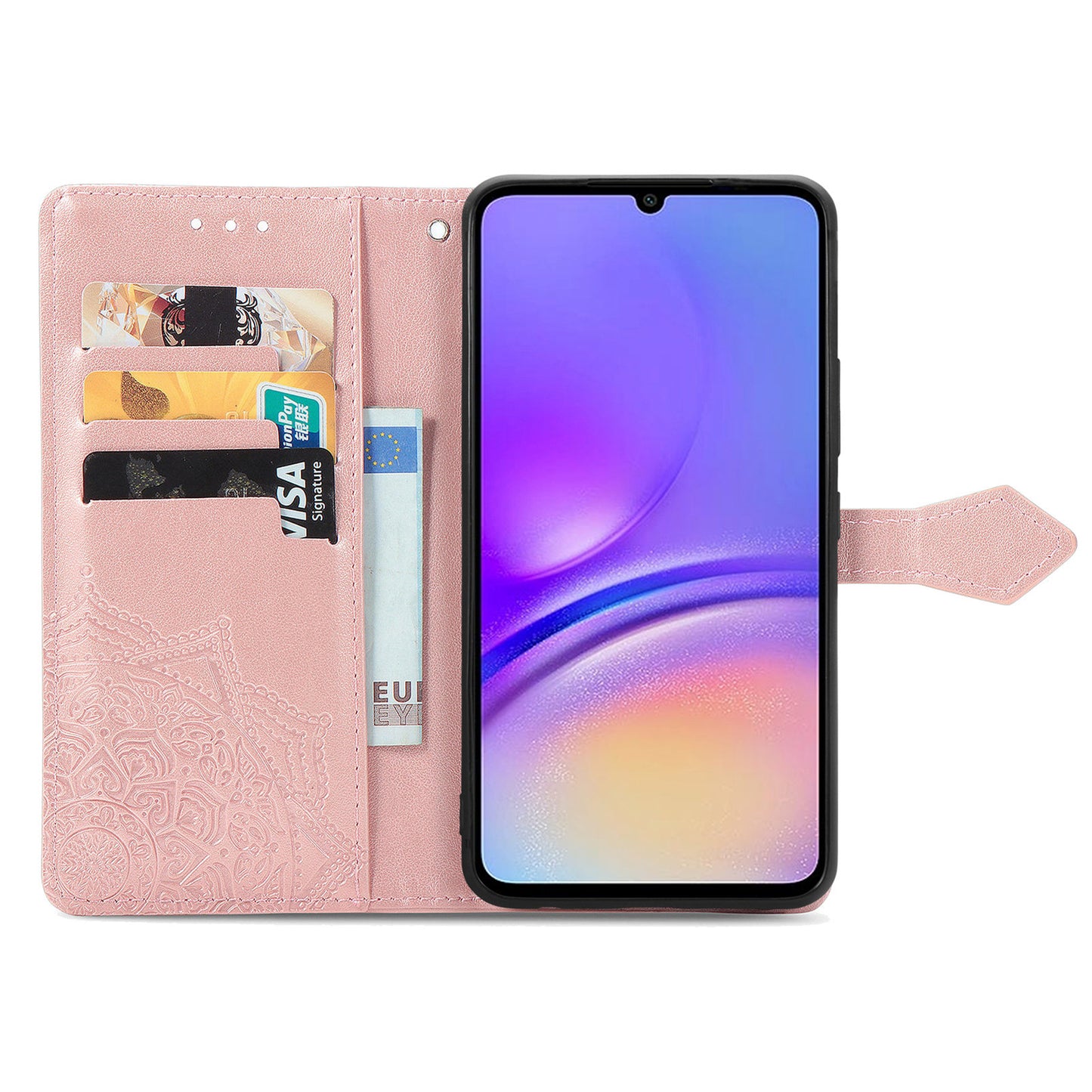 For Samsung Galaxy A06 Case Mandala Embossed Design Leather Wallet Phone Cover - Rose Gold