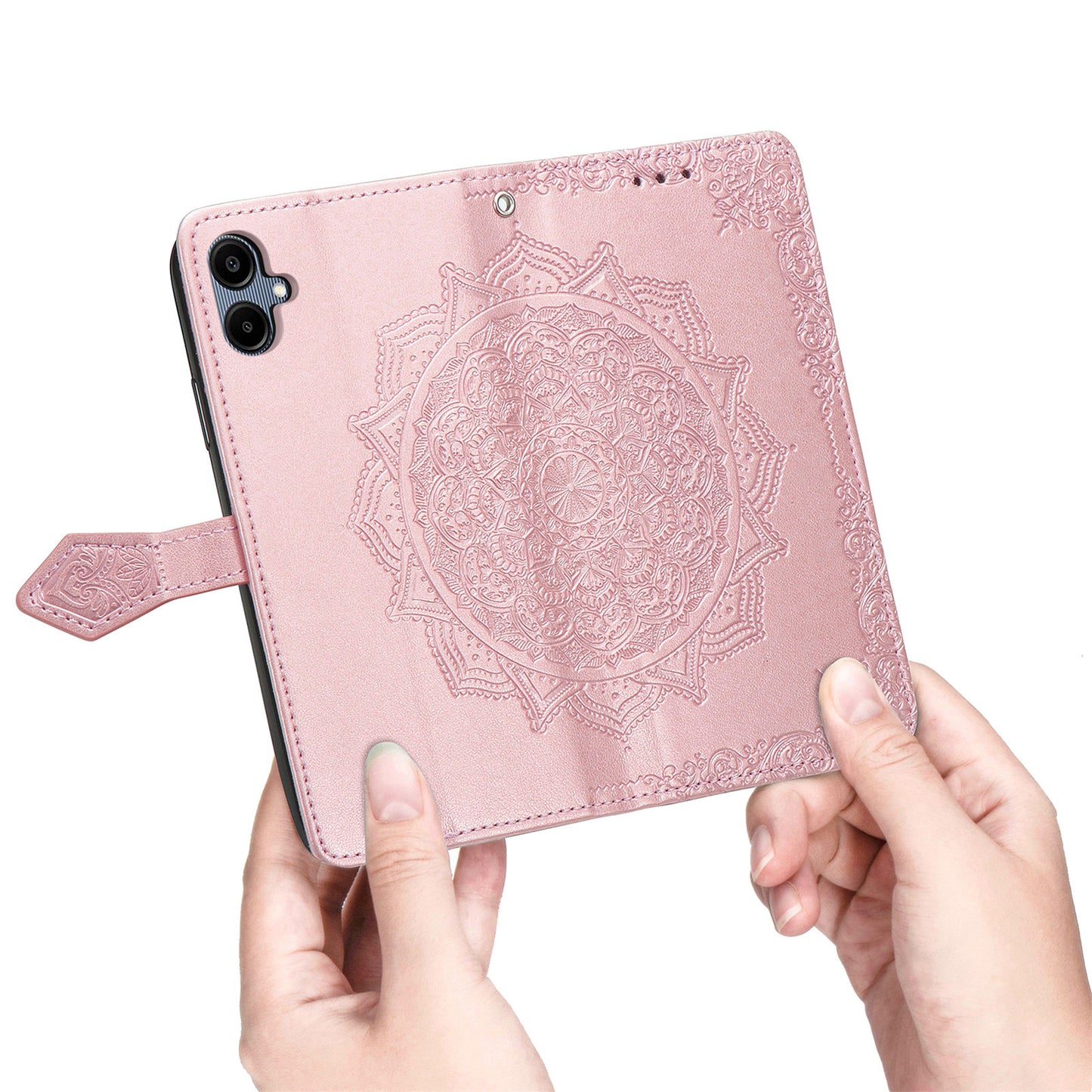 For Samsung Galaxy A06 Case Mandala Embossed Design Leather Wallet Phone Cover - Rose Gold