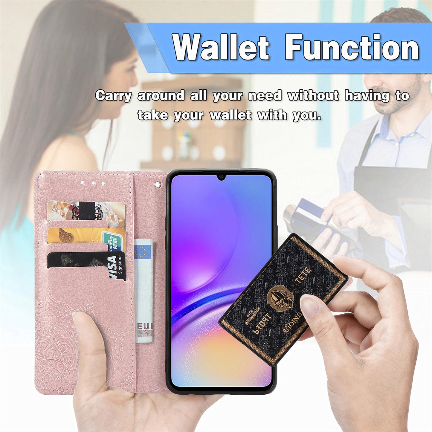 For Samsung Galaxy A06 Case Mandala Embossed Design Leather Wallet Phone Cover - Rose Gold