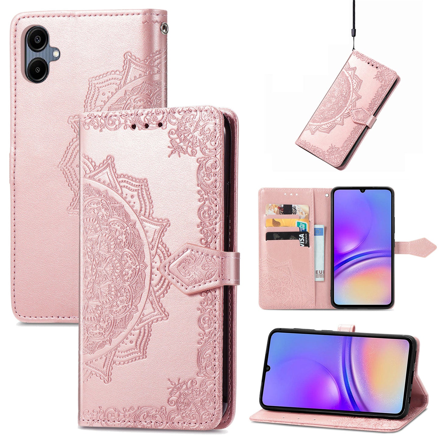 For Samsung Galaxy A06 Case Mandala Embossed Design Leather Wallet Phone Cover - Rose Gold