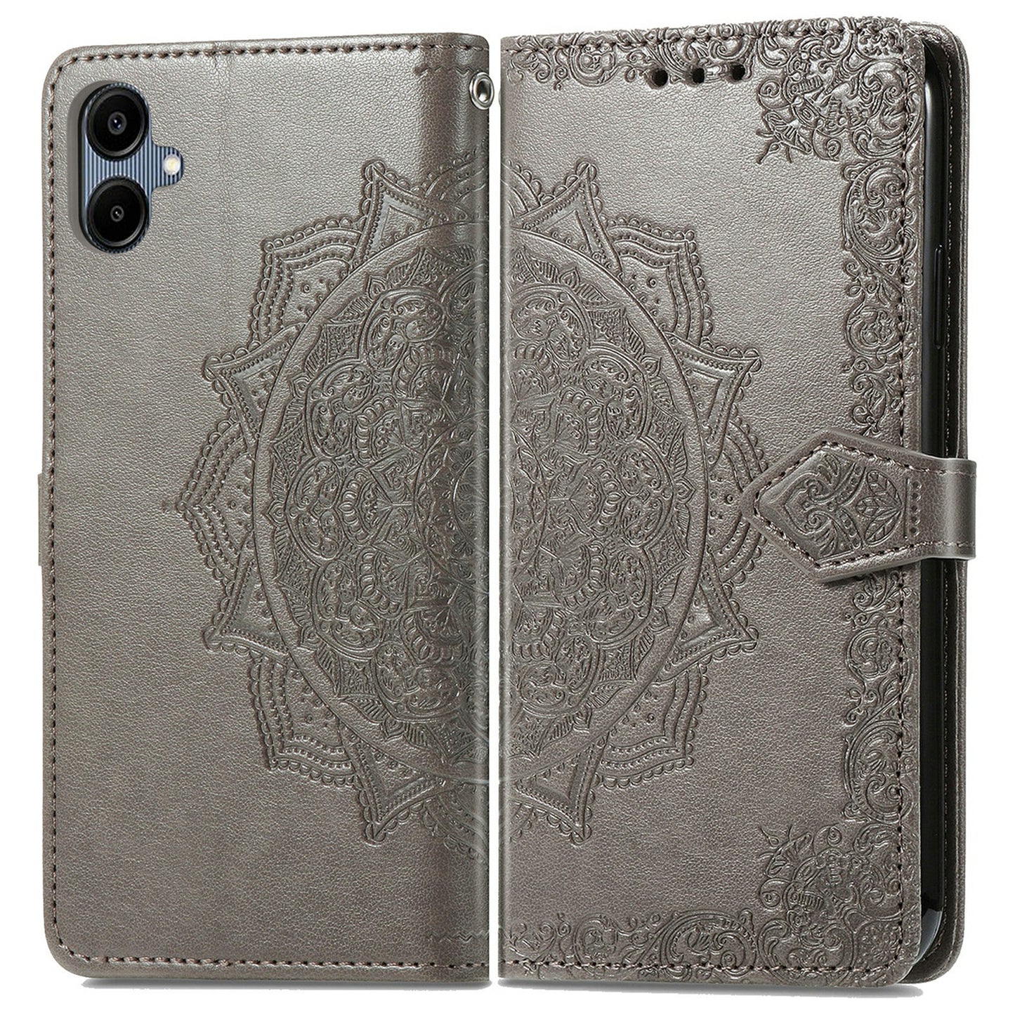 For Samsung Galaxy A06 Case Mandala Embossed Design Leather Wallet Phone Cover - Grey