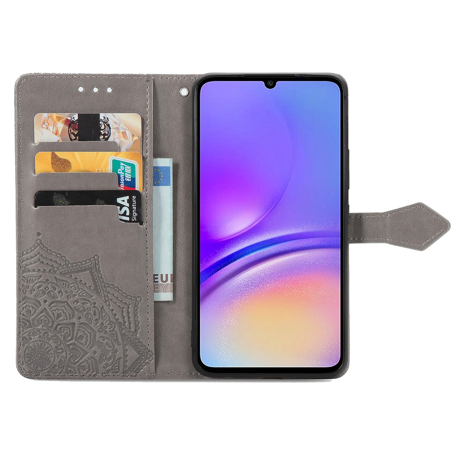 For Samsung Galaxy A06 Case Mandala Embossed Design Leather Wallet Phone Cover - Grey