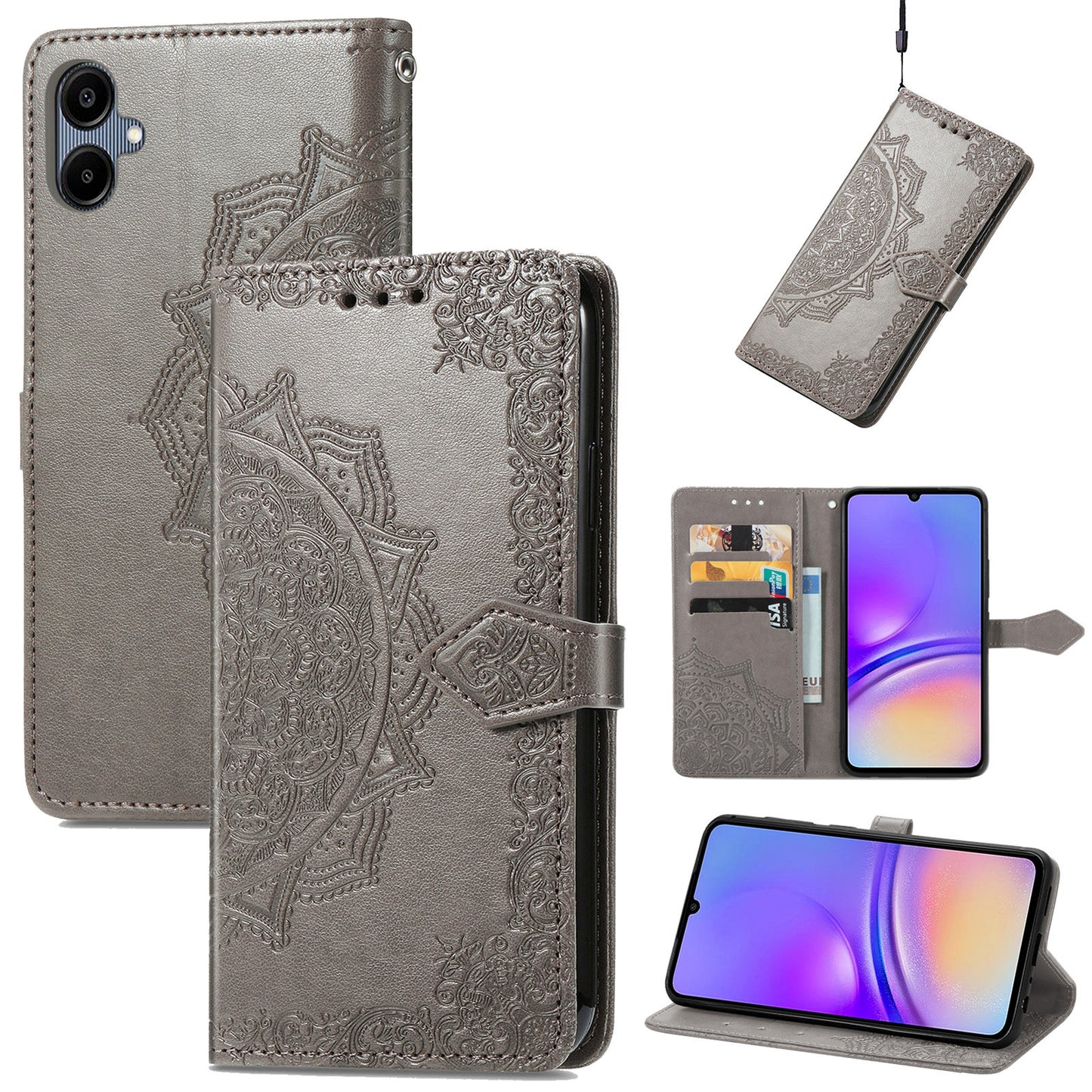 For Samsung Galaxy A06 Case Mandala Embossed Design Leather Wallet Phone Cover - Grey