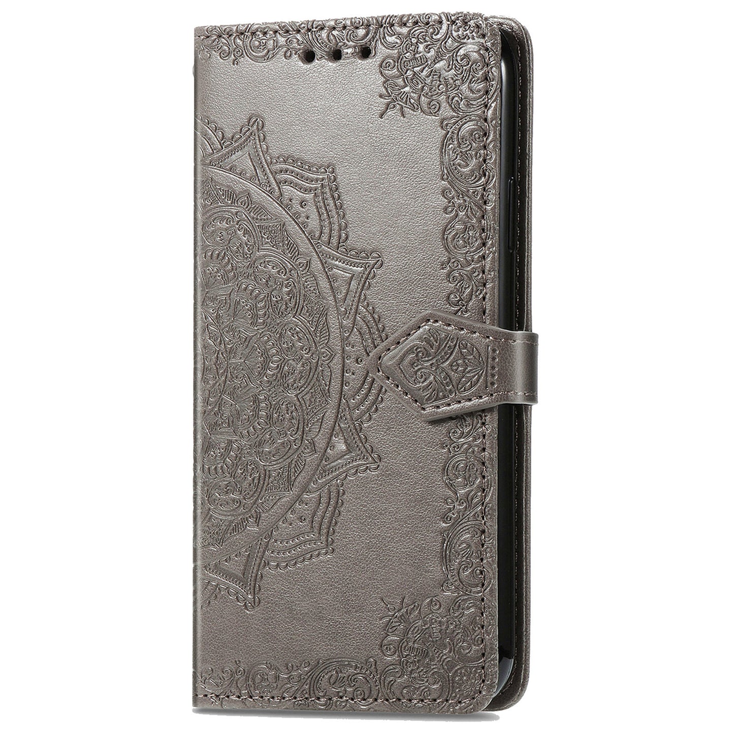 For Samsung Galaxy A06 Case Mandala Embossed Design Leather Wallet Phone Cover - Grey