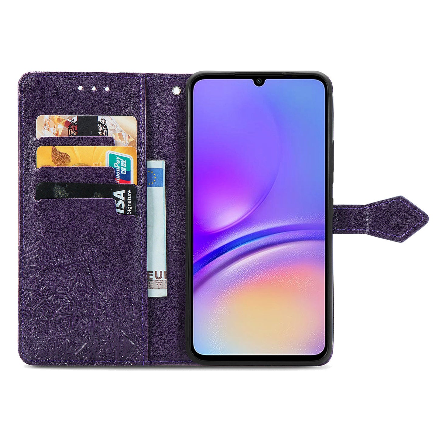 For Samsung Galaxy A06 Case Mandala Embossed Design Leather Wallet Phone Cover - Purple