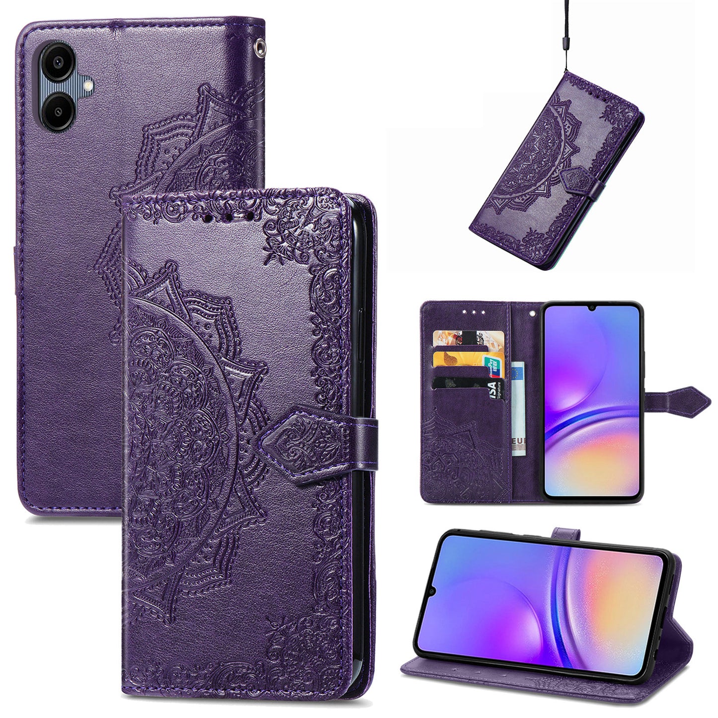 For Samsung Galaxy A06 Case Mandala Embossed Design Leather Wallet Phone Cover - Purple
