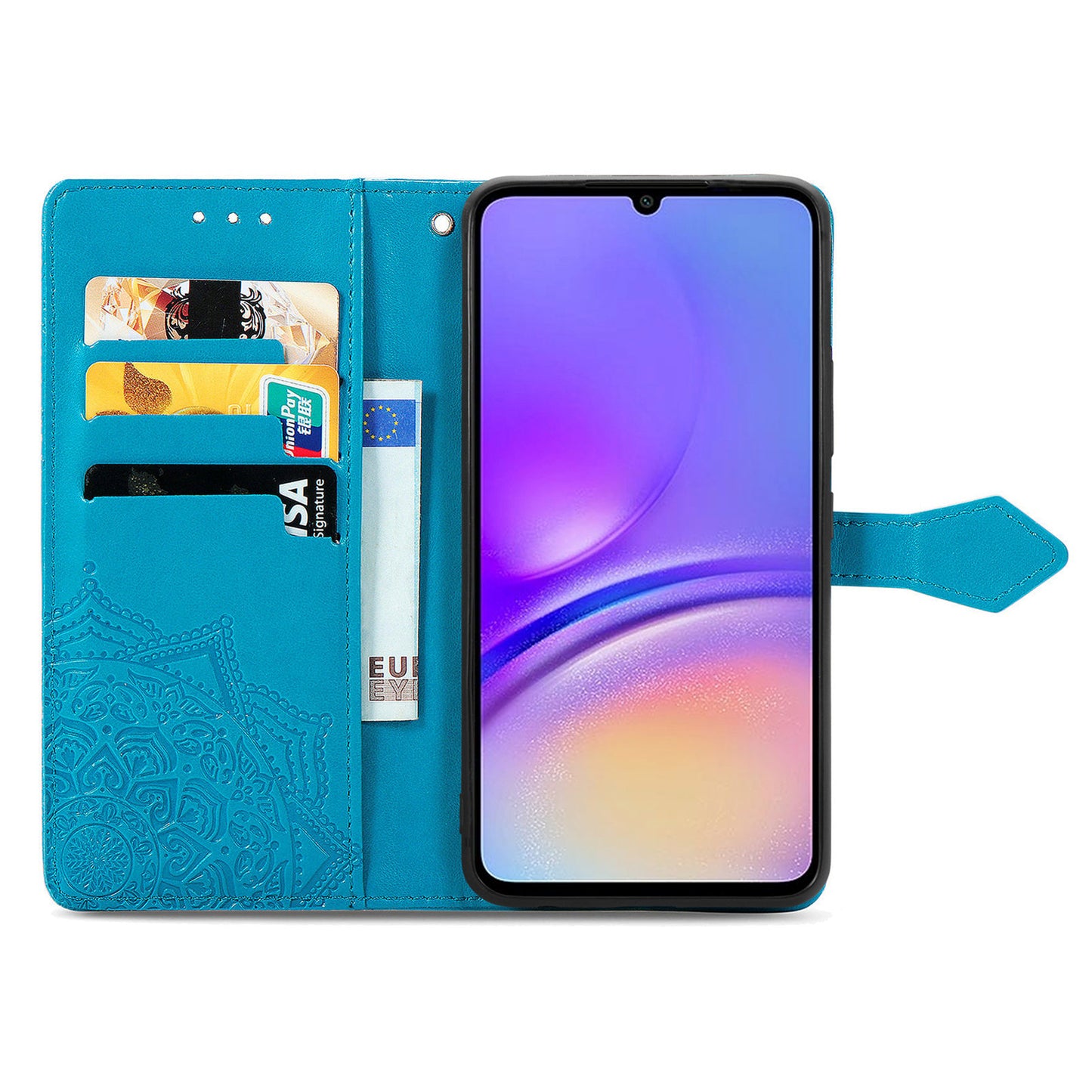 For Samsung Galaxy A06 Case Mandala Embossed Design Leather Wallet Phone Cover - Blue