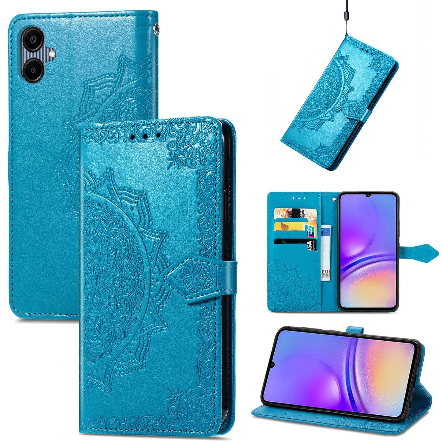 For Samsung Galaxy A06 Case Mandala Embossed Design Leather Wallet Phone Cover - Blue