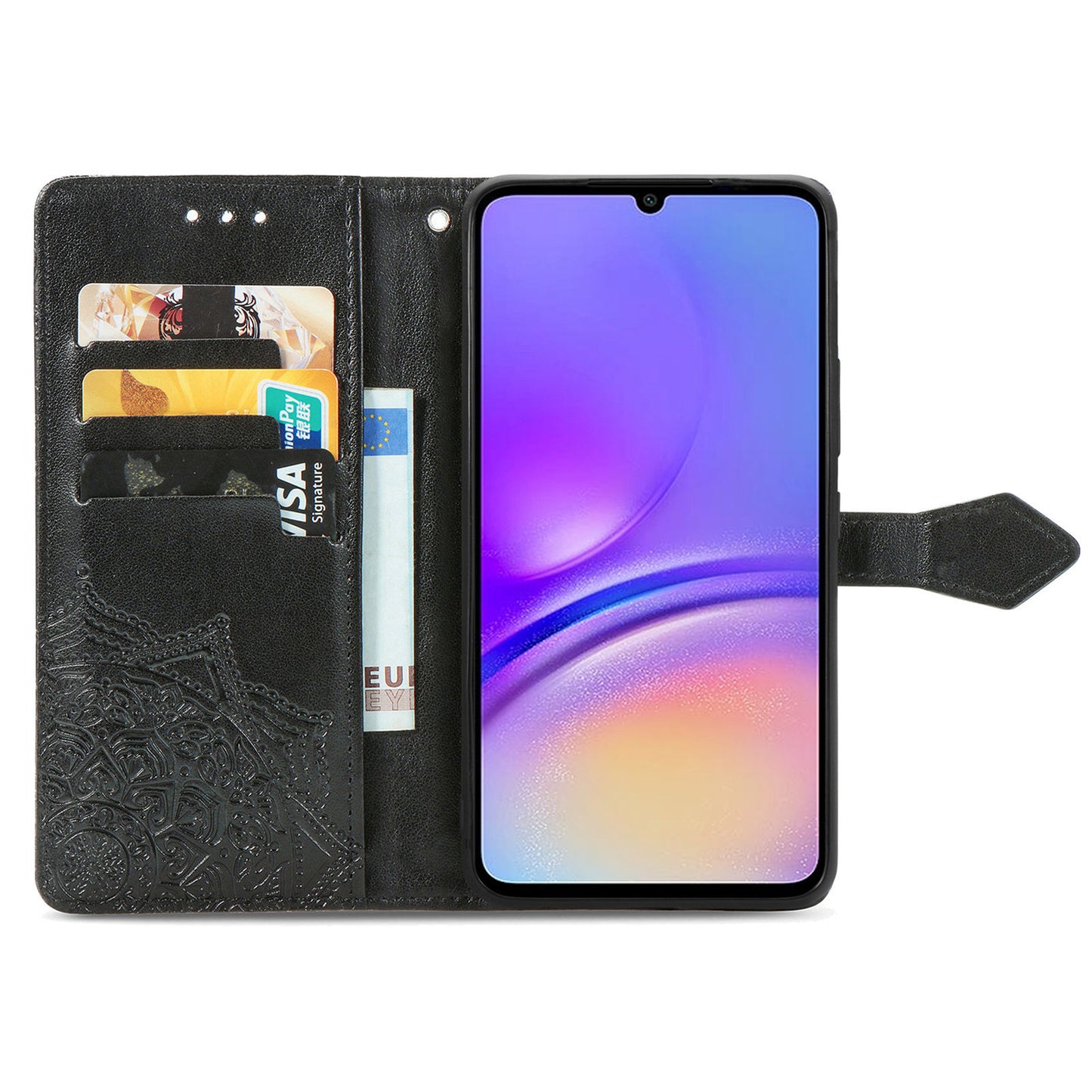 For Samsung Galaxy A06 Case Mandala Embossed Design Leather Wallet Phone Cover - Black