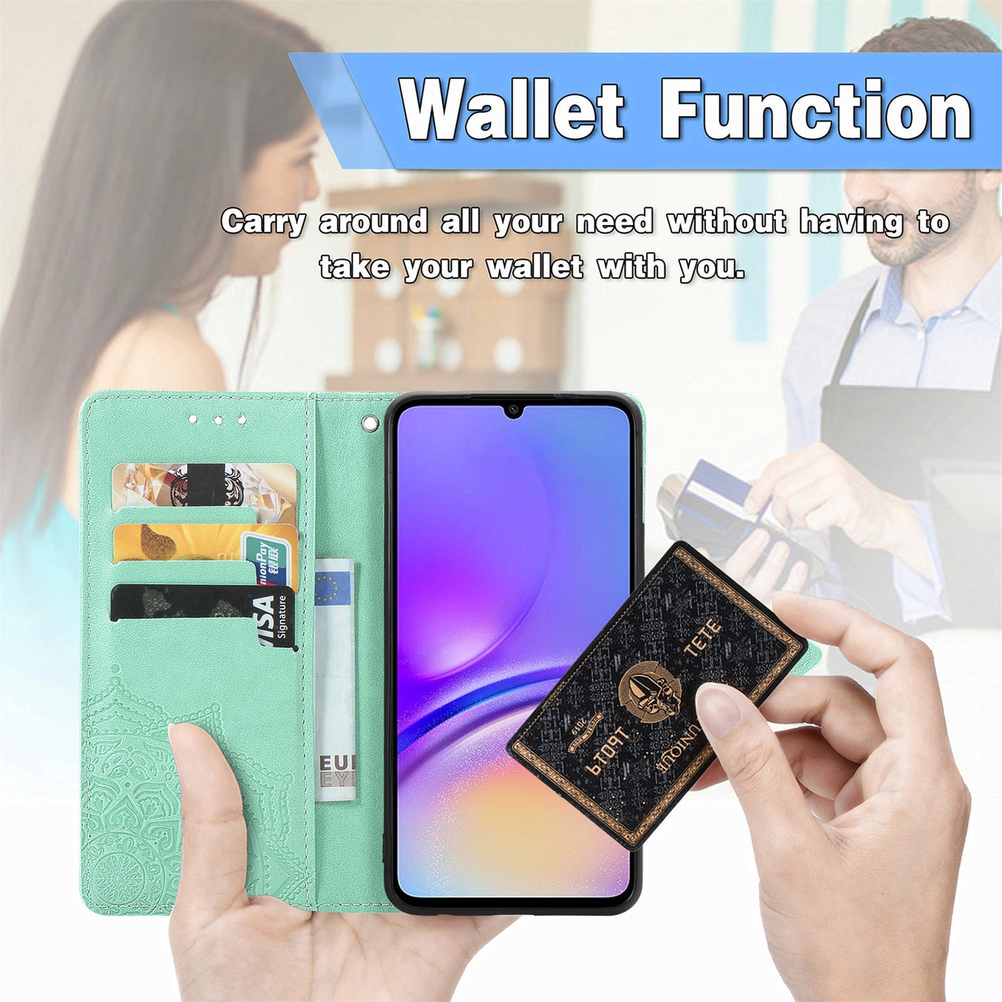 For Samsung Galaxy A06 Case Mandala Embossed Design Leather Wallet Phone Cover - Green