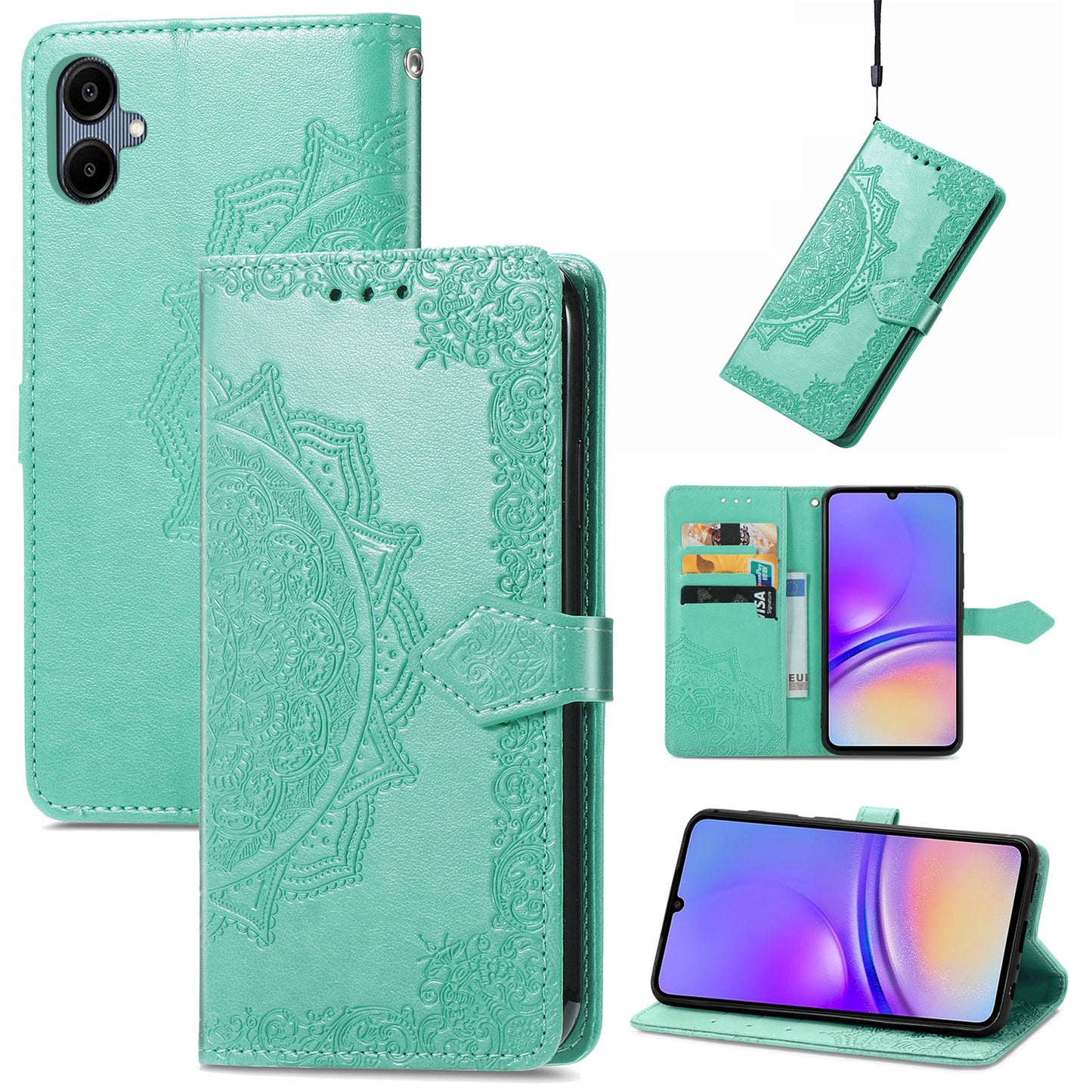 For Samsung Galaxy A06 Case Mandala Embossed Design Leather Wallet Phone Cover - Green