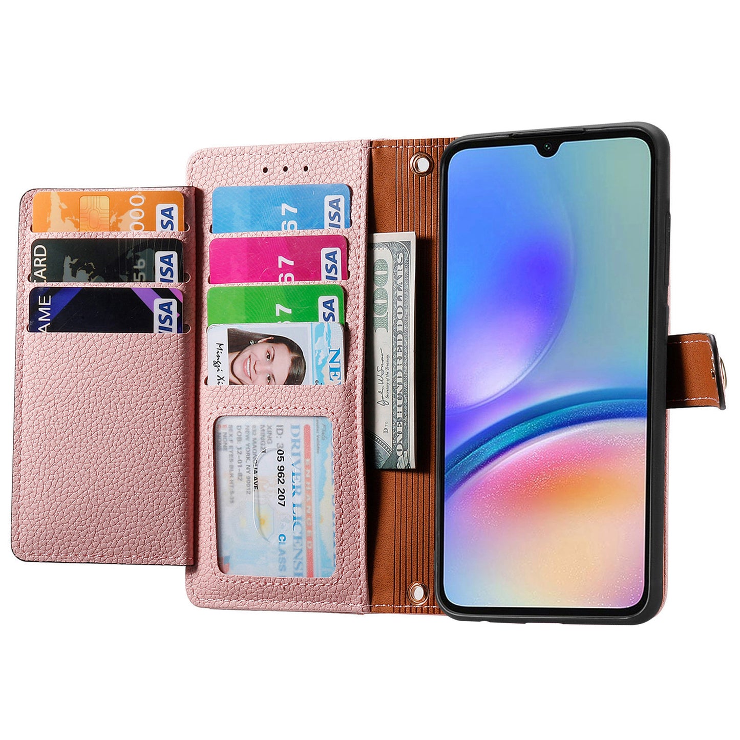 For Samsung Galaxy A06 Case RFID Blocking Zipper Pocket Leather Wallet Phone Cover - Pink