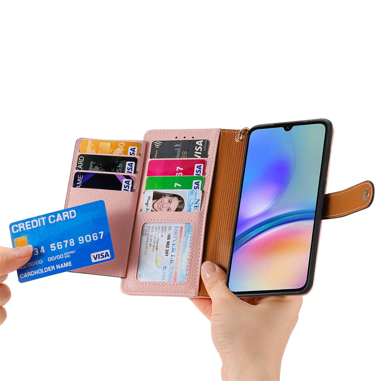 For Samsung Galaxy A06 Case RFID Blocking Zipper Pocket Leather Wallet Phone Cover - Pink