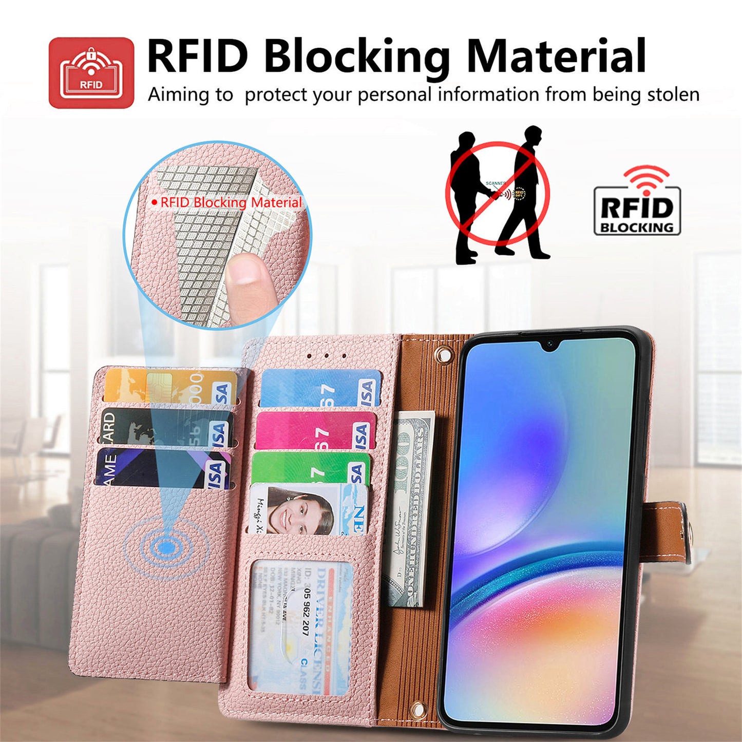 For Samsung Galaxy A06 Case RFID Blocking Zipper Pocket Leather Wallet Phone Cover - Pink