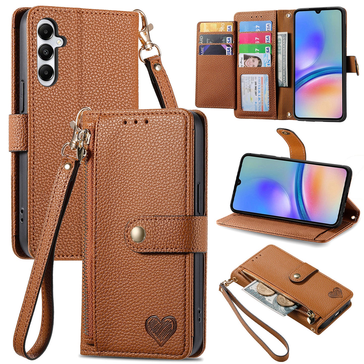 For Samsung Galaxy A06 Case RFID Blocking Zipper Pocket Leather Wallet Phone Cover - Brown