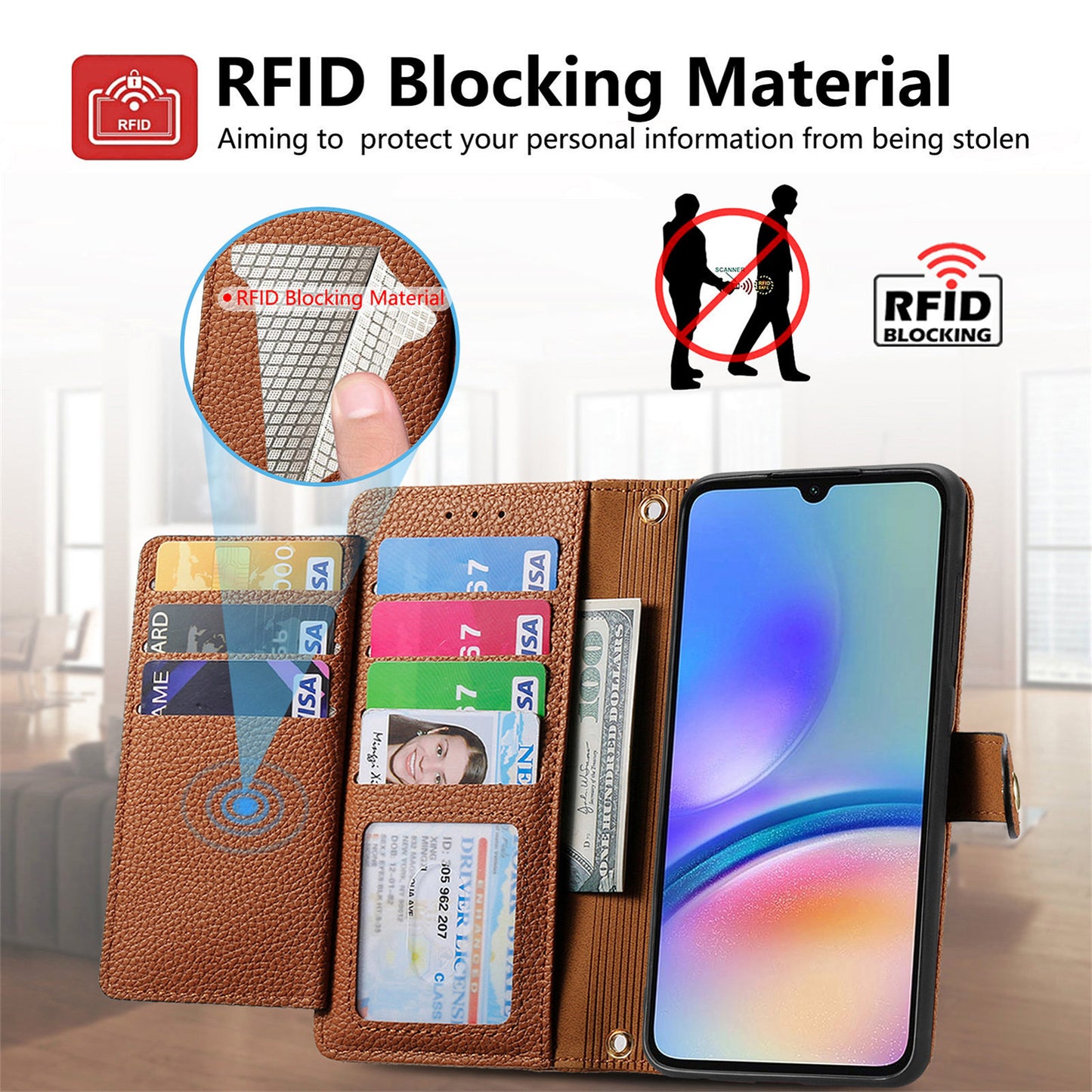 For Samsung Galaxy A06 Case RFID Blocking Zipper Pocket Leather Wallet Phone Cover - Brown