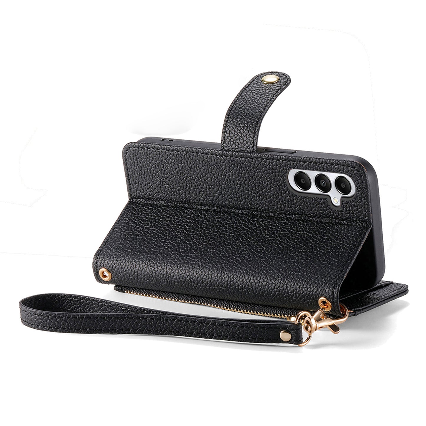 For Samsung Galaxy A06 Case RFID Blocking Zipper Pocket Leather Wallet Phone Cover - Black