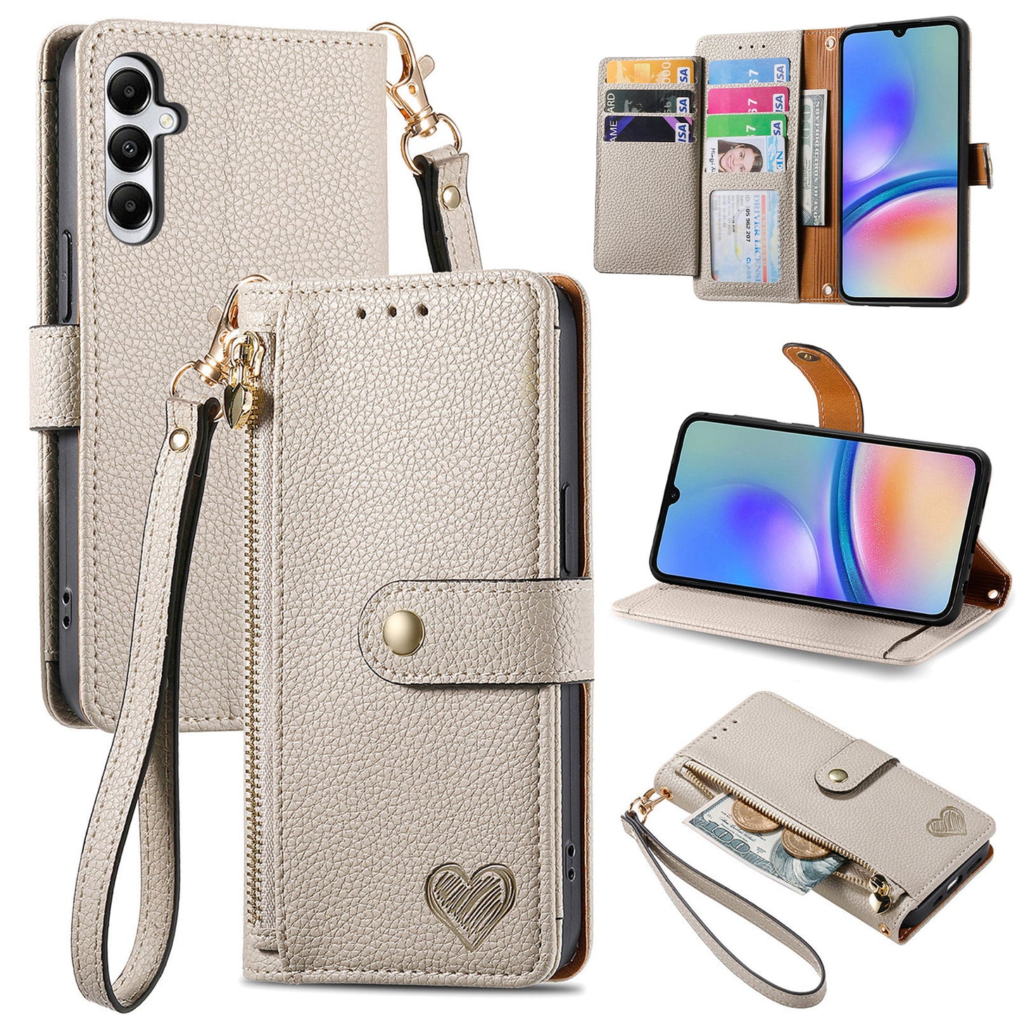 For Samsung Galaxy A06 Case RFID Blocking Zipper Pocket Leather Wallet Phone Cover - Grey