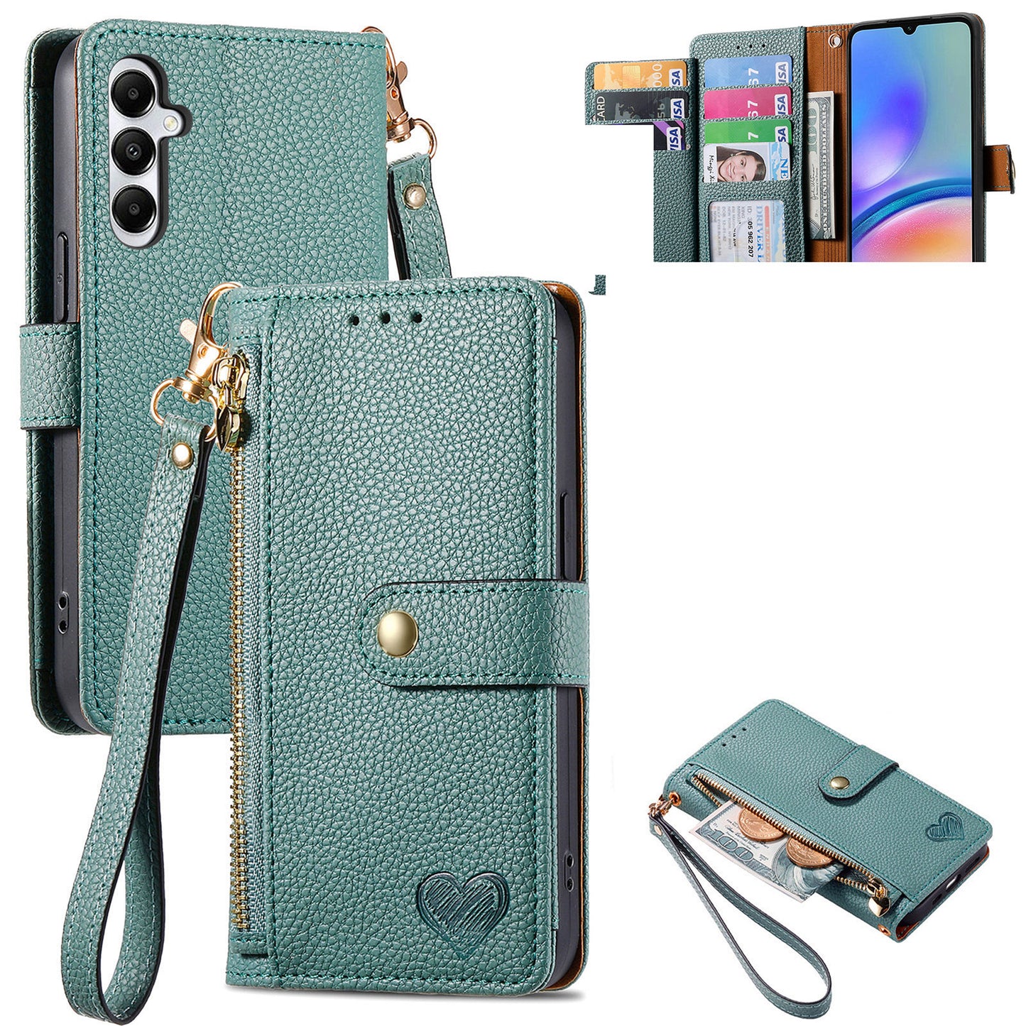For Samsung Galaxy A06 Case RFID Blocking Zipper Pocket Leather Wallet Phone Cover - Green