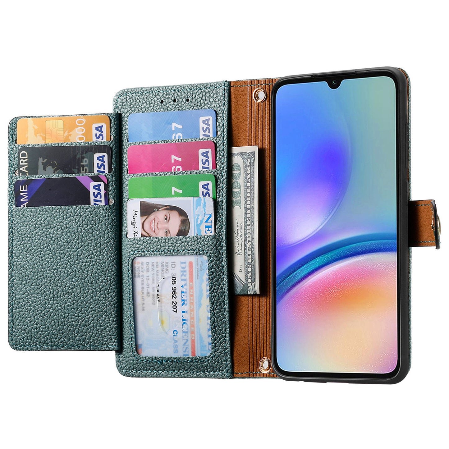 For Samsung Galaxy A06 Case RFID Blocking Zipper Pocket Leather Wallet Phone Cover - Green