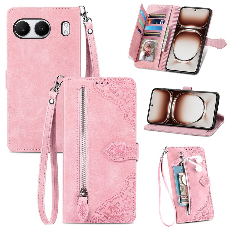 For OnePlus Nord 4 Case Zipper Wallet PU Leather Flower Imprint Phone Cover - Pink