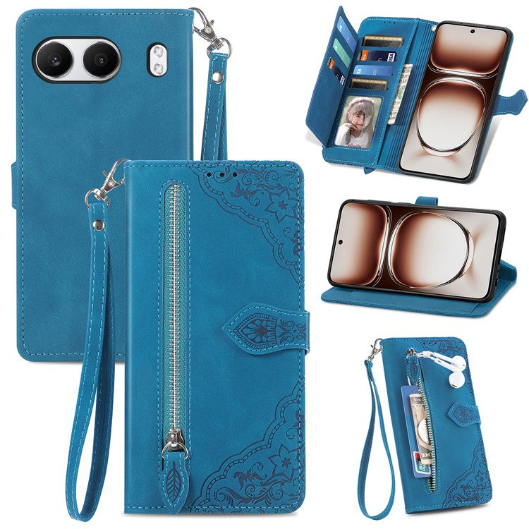 For OnePlus Nord 4 Case Zipper Wallet PU Leather Flower Imprint Phone Cover - Blue