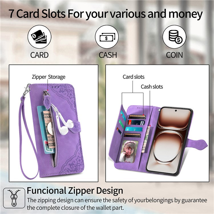 For OnePlus Nord 4 Case Zipper Wallet PU Leather Flower Imprint Phone Cover - Brown