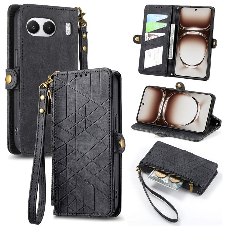 For OnePlus Nord 4 Case Zipper Wallet Geometry Lines Leather Phone Cover - Black