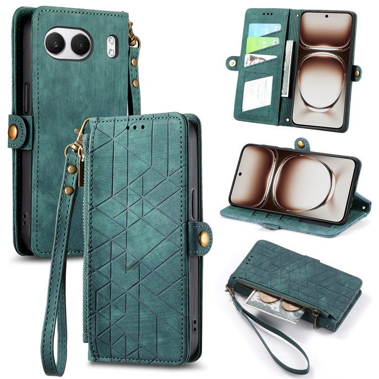For OnePlus Nord 4 Case Zipper Wallet Geometry Lines Leather Phone Cover - Green