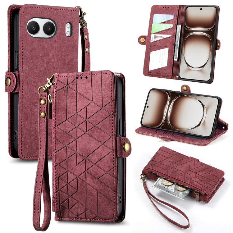 For OnePlus Nord 4 Case Zipper Wallet Geometry Lines Leather Phone Cover - Red