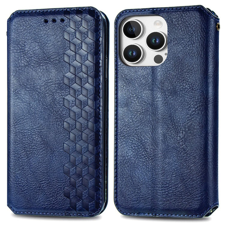 For iPhone 16 Pro Case Rhombus Imprint PU Leather Wallet Phone Cover - Blue