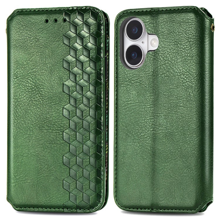 For iPhone 16 Plus Case Rhombus Imprint PU Leather Wallet Phone Cover - Green