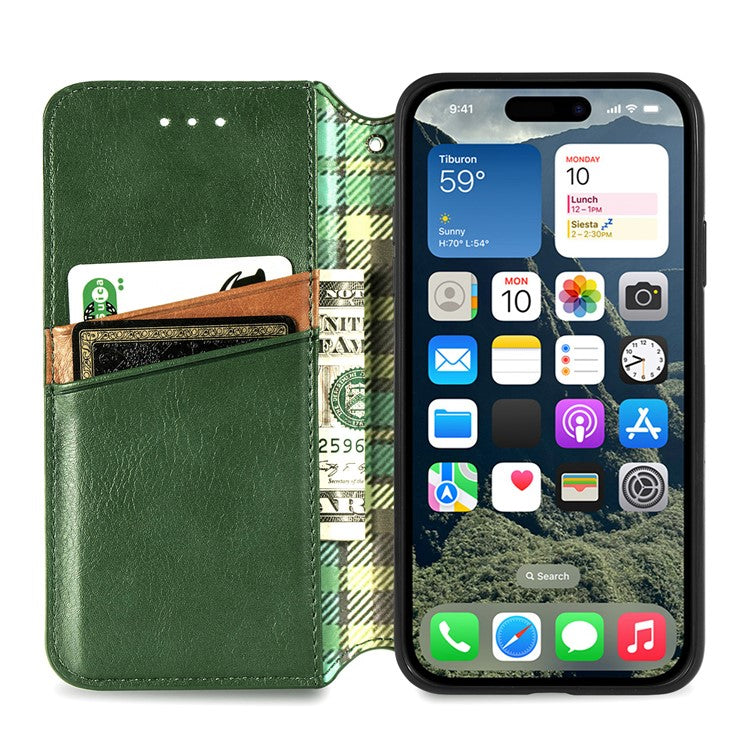 For iPhone 16 Plus Case Rhombus Imprint PU Leather Wallet Phone Cover - Green