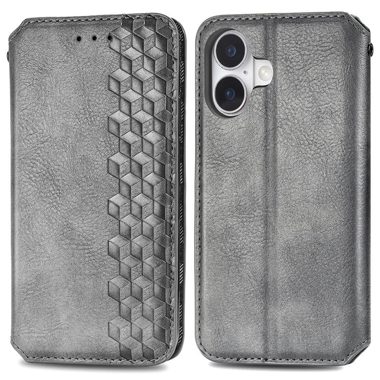 For iPhone 16 Case Rhombus Imprint PU Leather Wallet Phone Cover - Grey
